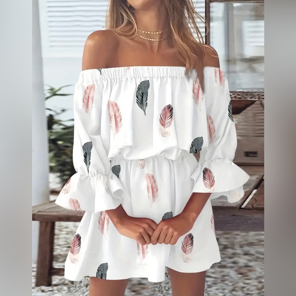 Boho Graphic Leaf Print Off the Shoulder Dress